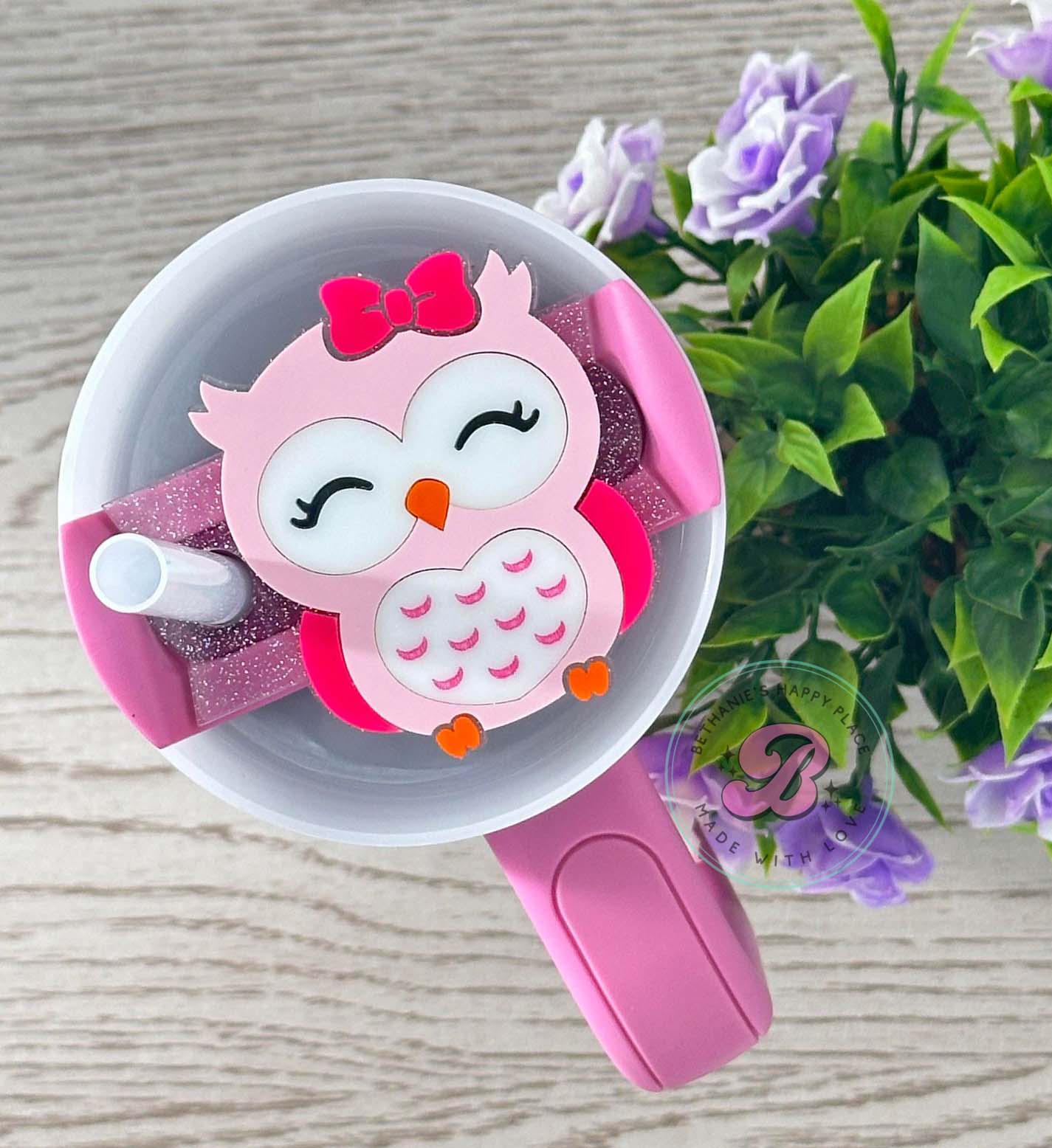 Pink owl cup topper, owl tumbler topper, owl gifts, 20oz, 30oz, 40oz topper for cup, acrylic owl tag for cup, handmade topper