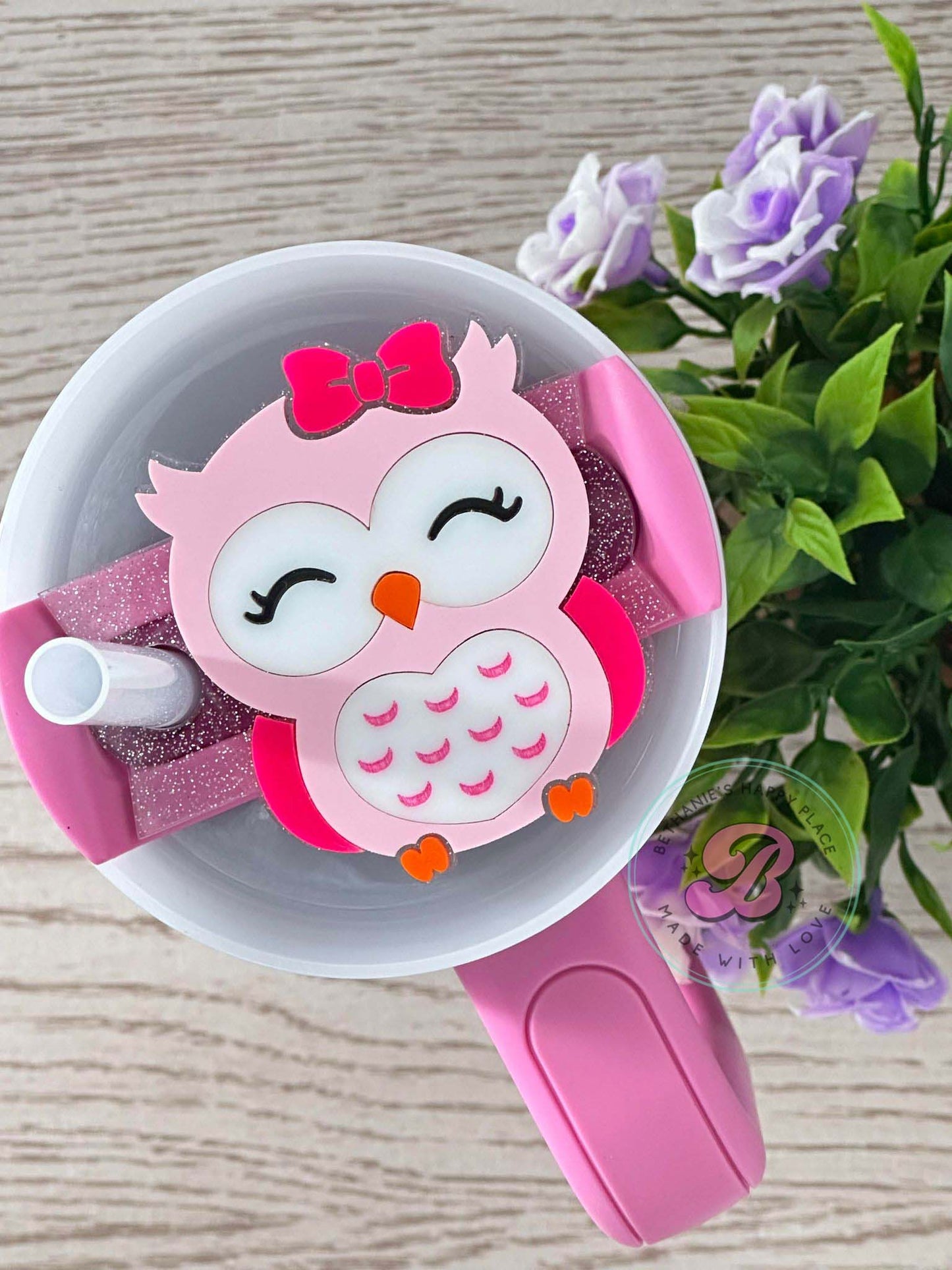 Pink owl cup topper, owl tumbler topper, owl gifts, 20oz, 30oz, 40oz topper for cup, acrylic owl tag for cup, handmade topper