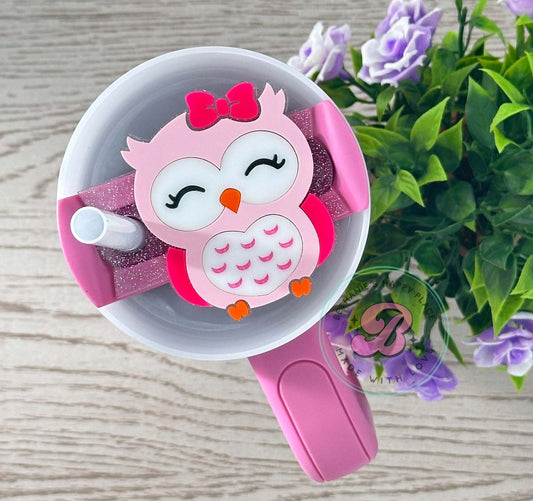 Pink owl cup topper, owl tumbler topper, owl gifts, 20oz, 30oz, 40oz topper for cup, acrylic owl tag for cup, handmade topper