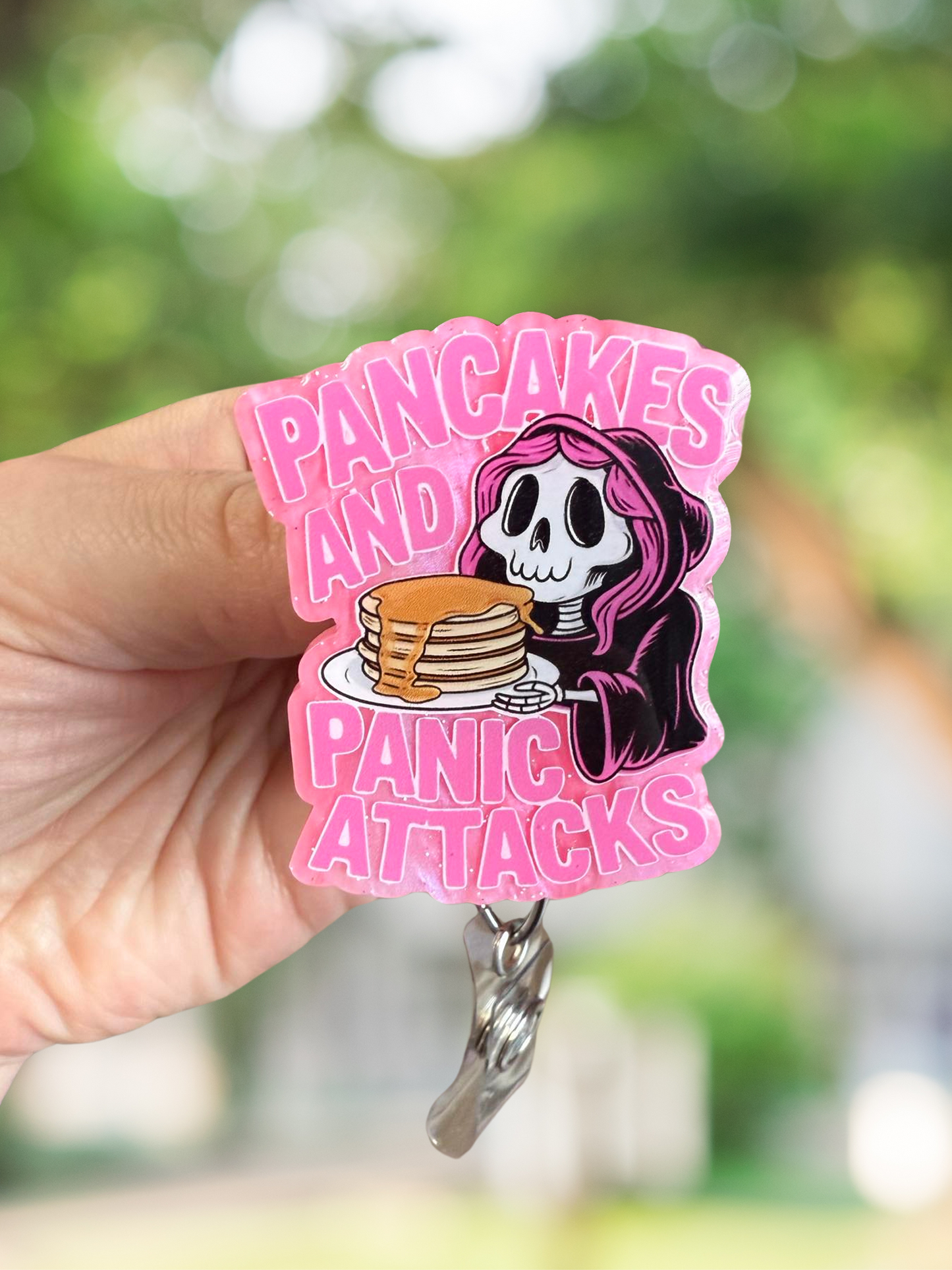 Pancakes and panic attacks retractable badge reel