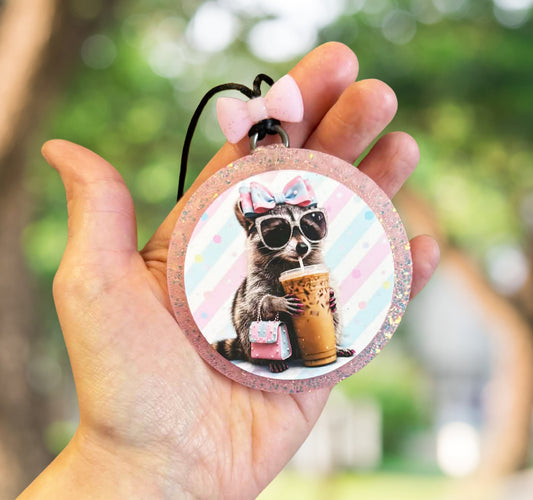 Raccoon drinking coffee freshie