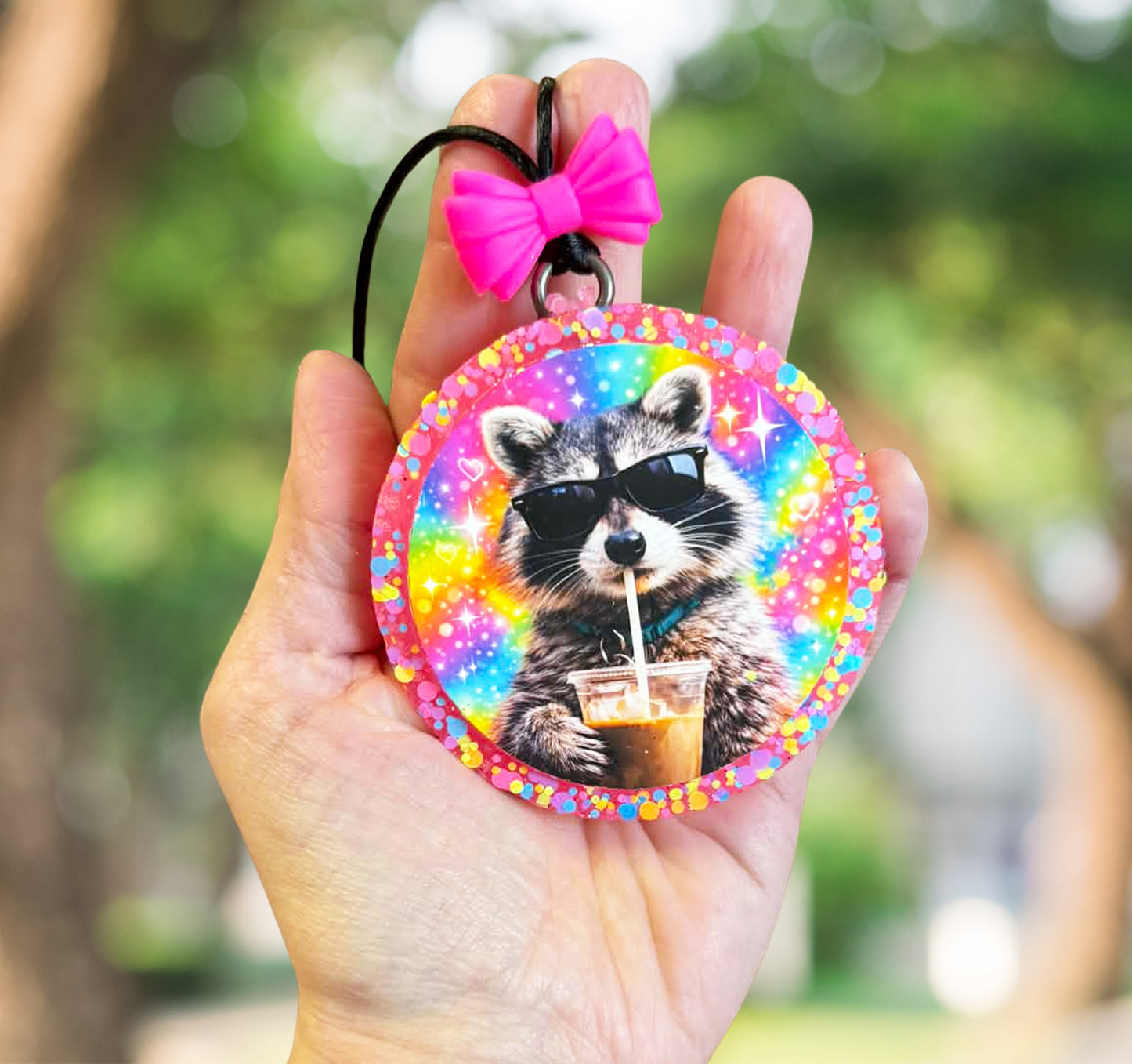 Neon raccoon drinking coffee freshie